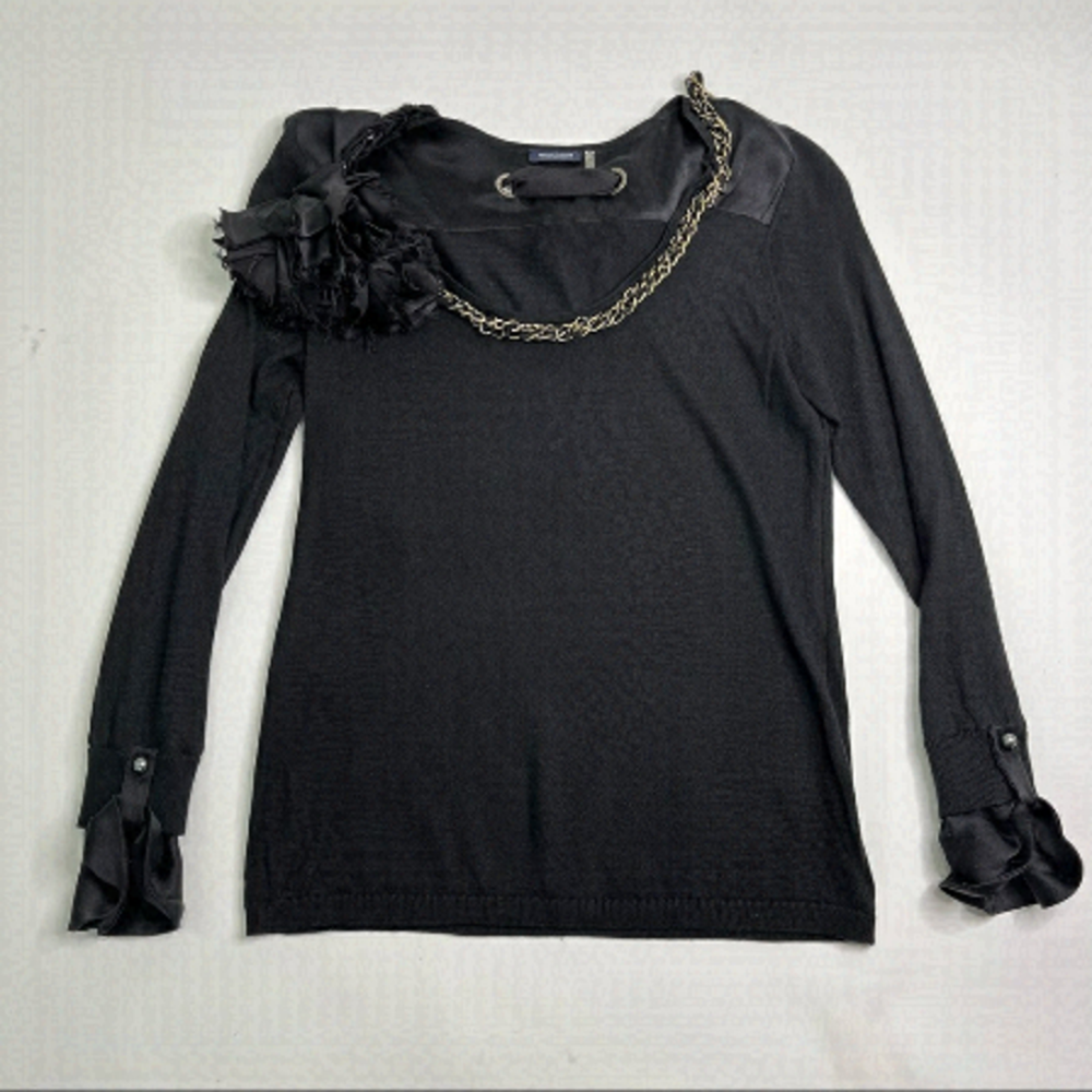 MAGASCHONI Black Silk & Cashmere Bow Pearl Gold Chain Tie Silk Cuff Sweater Top
